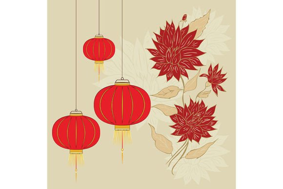 Chinese Lantern with Decorative Flowers